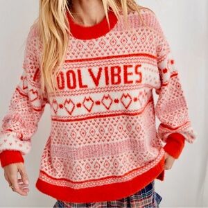 Aerie Oversized Fuzzy Cool Vibes Crew Neck Sweater in Starburst Orange & White